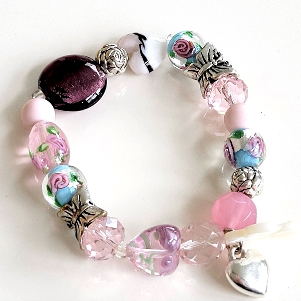Pink & Silver Floral Wedding Cake Beaded Stretch Bracelet